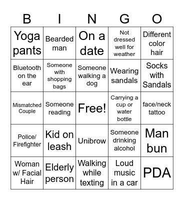 People Watching Bingo Card