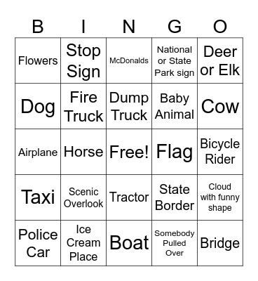 Kid's Road Trip Bingo Card