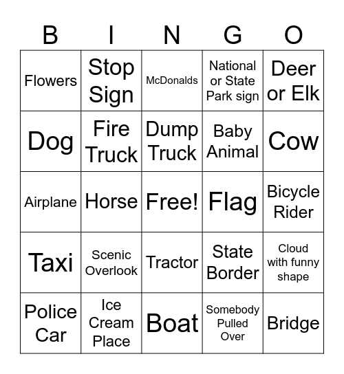 Kid's Road Trip Bingo Card