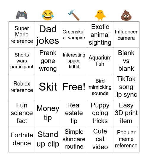 Youtube shorts Bingo Card