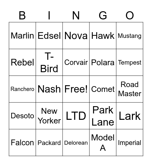 Antique Car Bingo Card