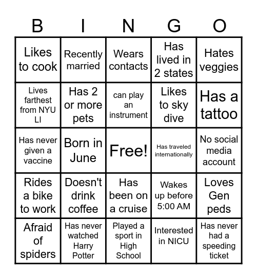 Pediatric Residency Welcome Bingo Card