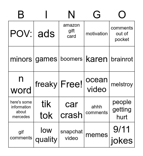 IG reels Bingo Card