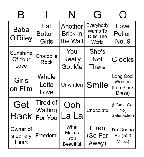 British Invasion Bingo Card