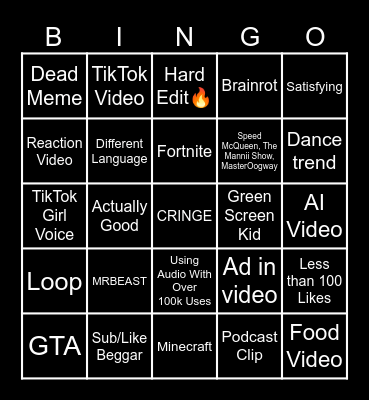 YouTube Shorts Bingo Card