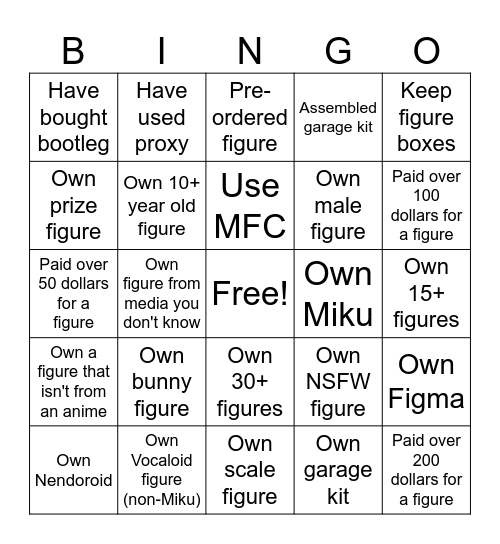 Figure Collecting Bingo Card