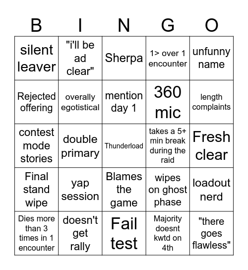 Destiny 2 Lfg Bingo Card