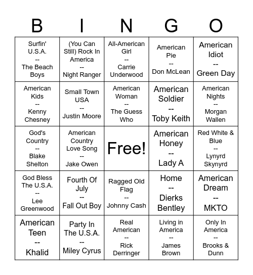 Bingo For Patriots Only Bingo Card