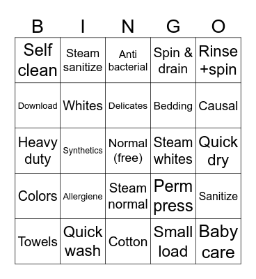 Washer & dryer Bingo Card