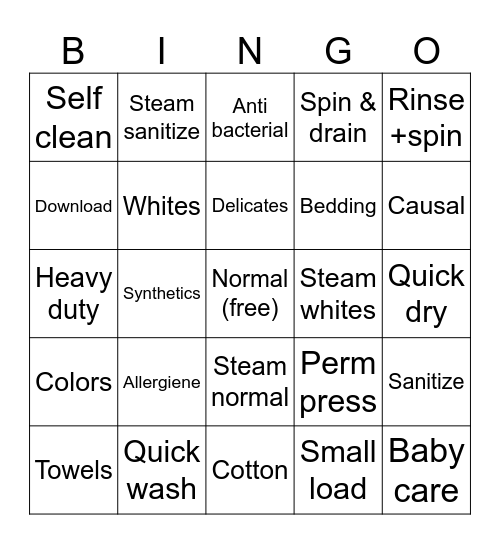 Washer & dryer Bingo Card