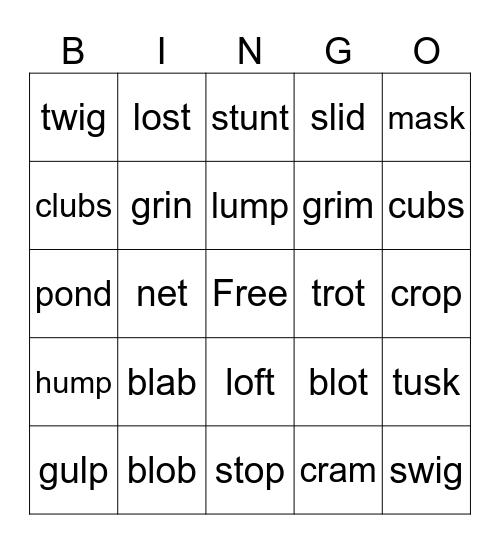 Short a,i,o,u Blends Bingo Card