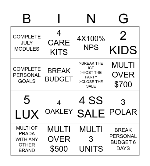 JULY BINGO Card