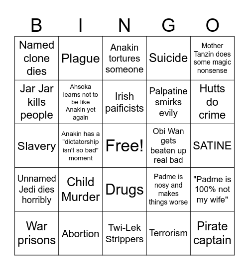 Clone Wars: Season 5 Bingo Card