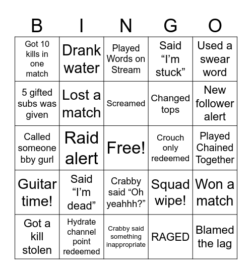 Kaydubz Subathon Bingo! Bingo Card