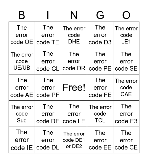 error code Bingo Card