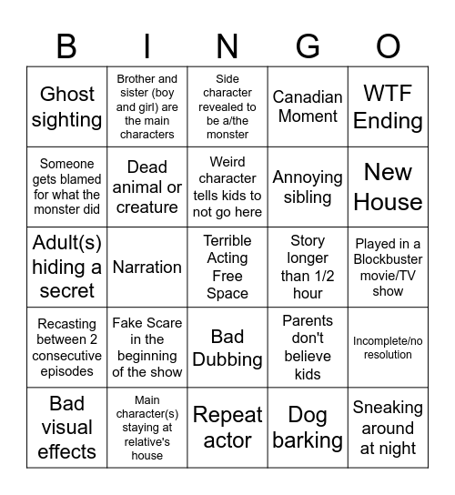 Goosebumps Bingo Card