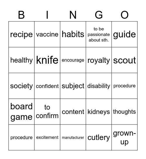 vocabulary revision Bingo Card