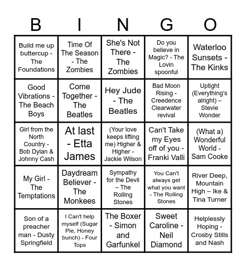 60'S MUSIC BINGO Card