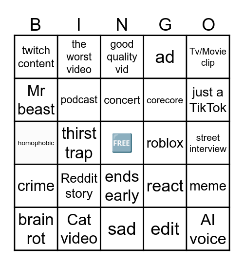 Youtube shorts Bingo Card