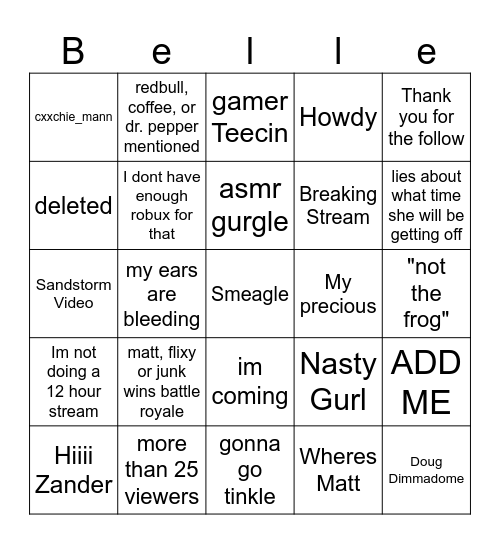 BelleCoyote Drinkathon(for chat) Bingo Card