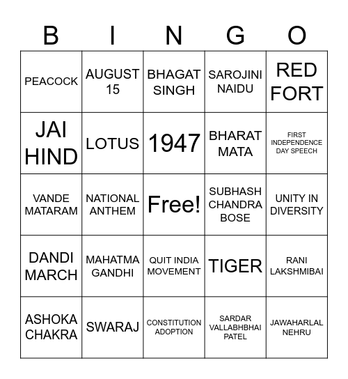 Independence day Bingo Card