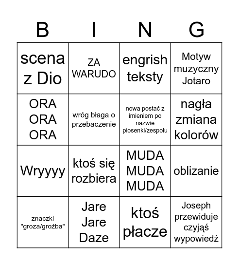 JoJo drinking game Bingo Card