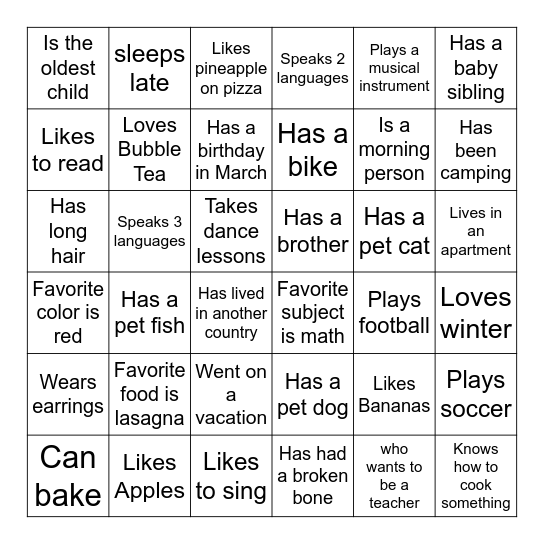 The Getting To Know You Scavenger Hunt Bingo Card