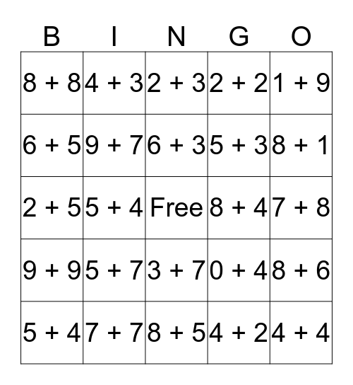 Math Addition Bingo Card