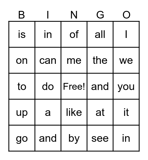 Sight Word Bingo Card