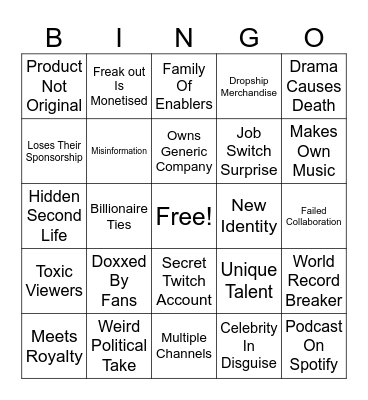 YouTuber News Bingo Card