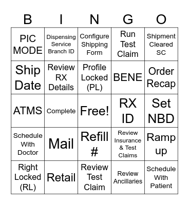 PACE: RxHome Order Scheduling Bingo Card