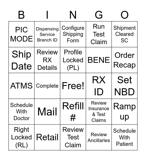 PACE: RxHome Order Scheduling Bingo Card