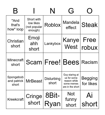 Youtube shorts Bingo Card