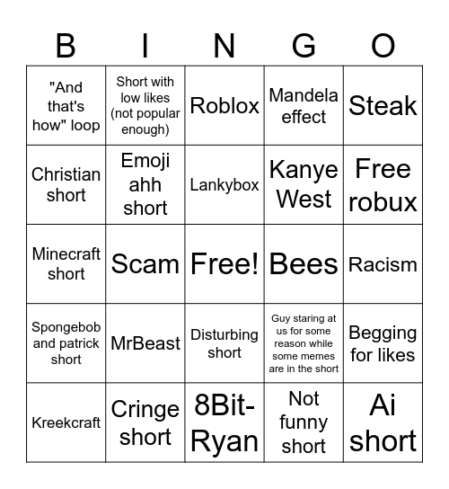 Youtube shorts Bingo Card