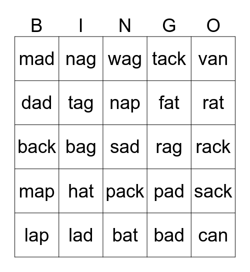 CVC WORDS Bingo Card