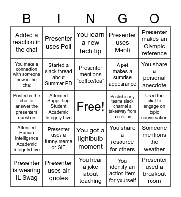 Summer PD Live Sessions Bingo Card