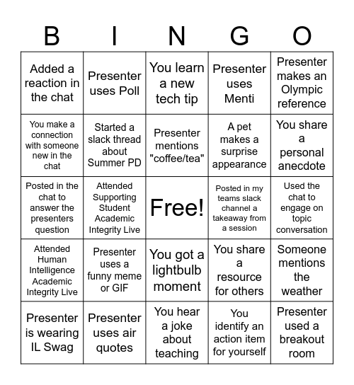 Summer PD Live Sessions Bingo Card