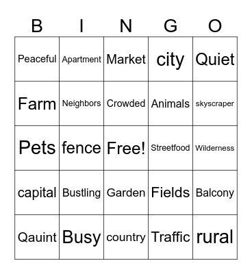 City and Country Bingo Card