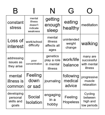 Mental Health Bingo Card