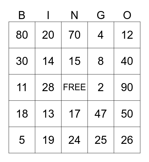 Number Bingo Card