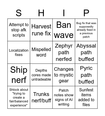 Trove Hotfix Bingo Card