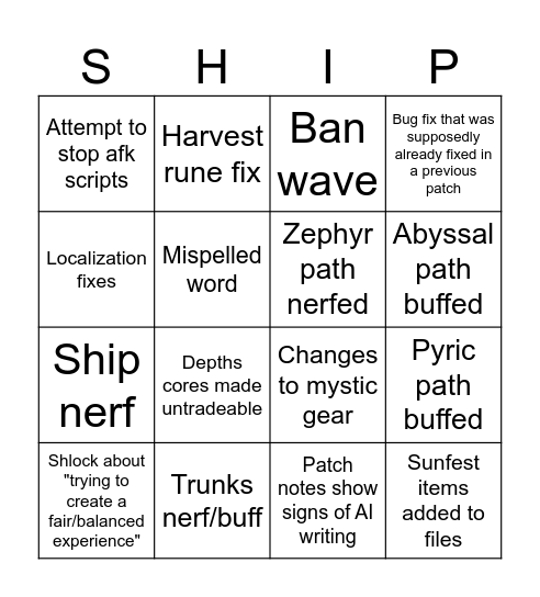 Trove Hotfix Bingo Card