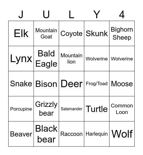 Glacier Bingo Card