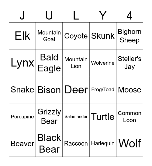 Glacier Bingo Card