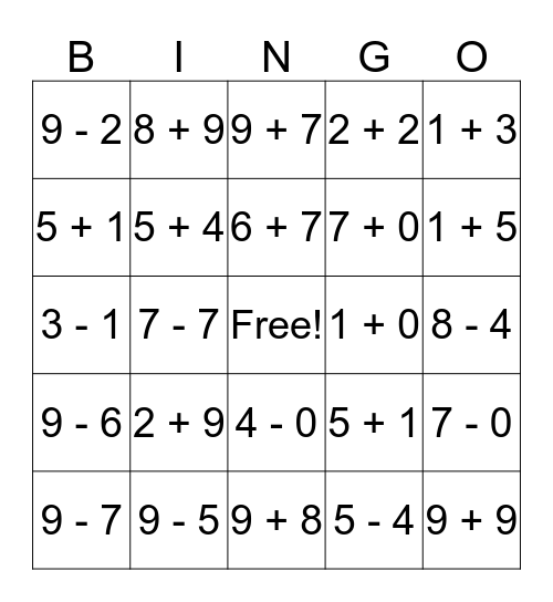 Math Addition and Subtraction Bingo Card