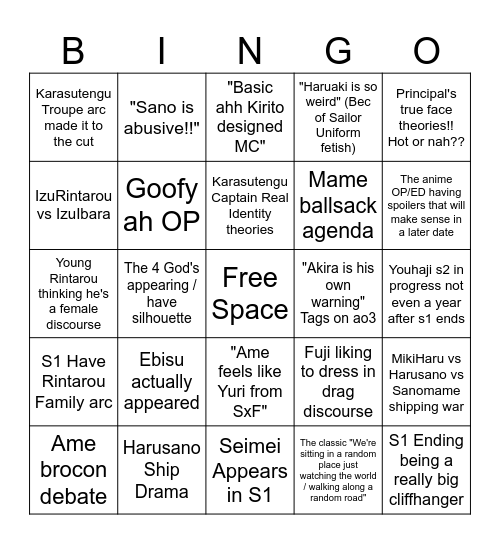 Youhaji Anime Bingo Card