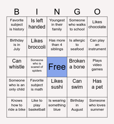 4th Grade Bingo Card