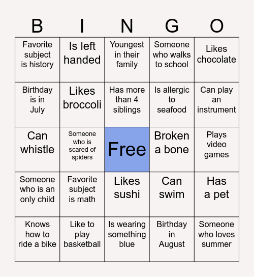 4th Grade Bingo Card