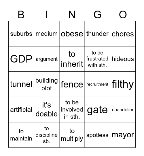 Vocabulary revision Bingo Card