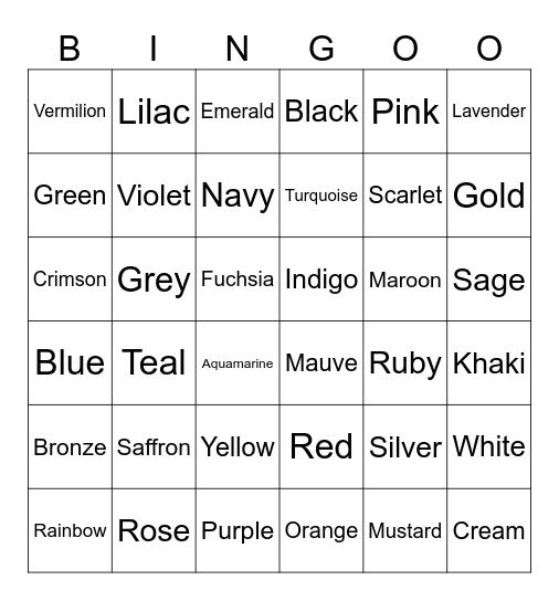 Colours Bingo Card